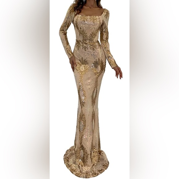 Miss ord Women Long Sleeve Backless Sequin Gown Female Maxi Elegant Dress - Picture 2 of 4